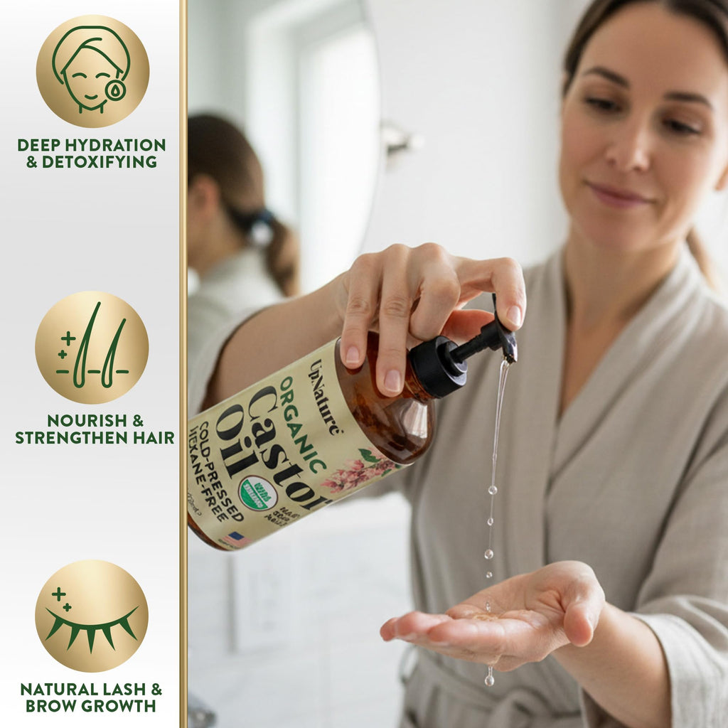 UpNature Organic Castor Oil Cold Pressed Glass Bottle 16oz - 100% Pure USDA Certified, Hexane Free - For Face, Hair & Skin