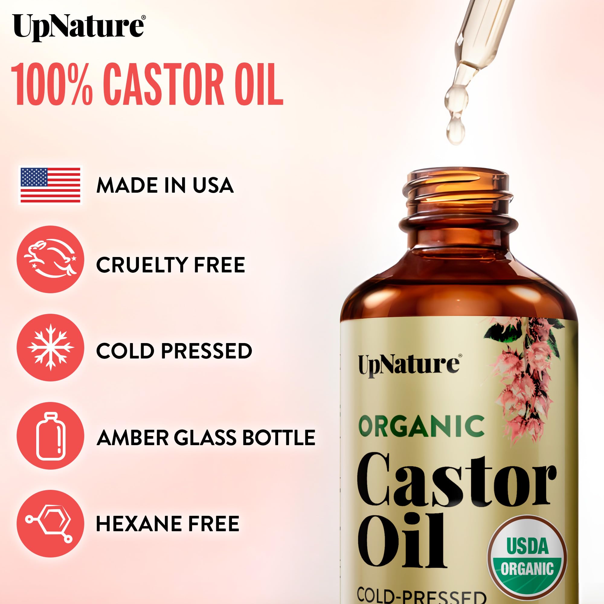 UpNature Organic Castor Oil Cold Pressed Glass Bottle 16oz - 100% Pure USDA Certified, Hexane Free - For Face, Hair & Skin