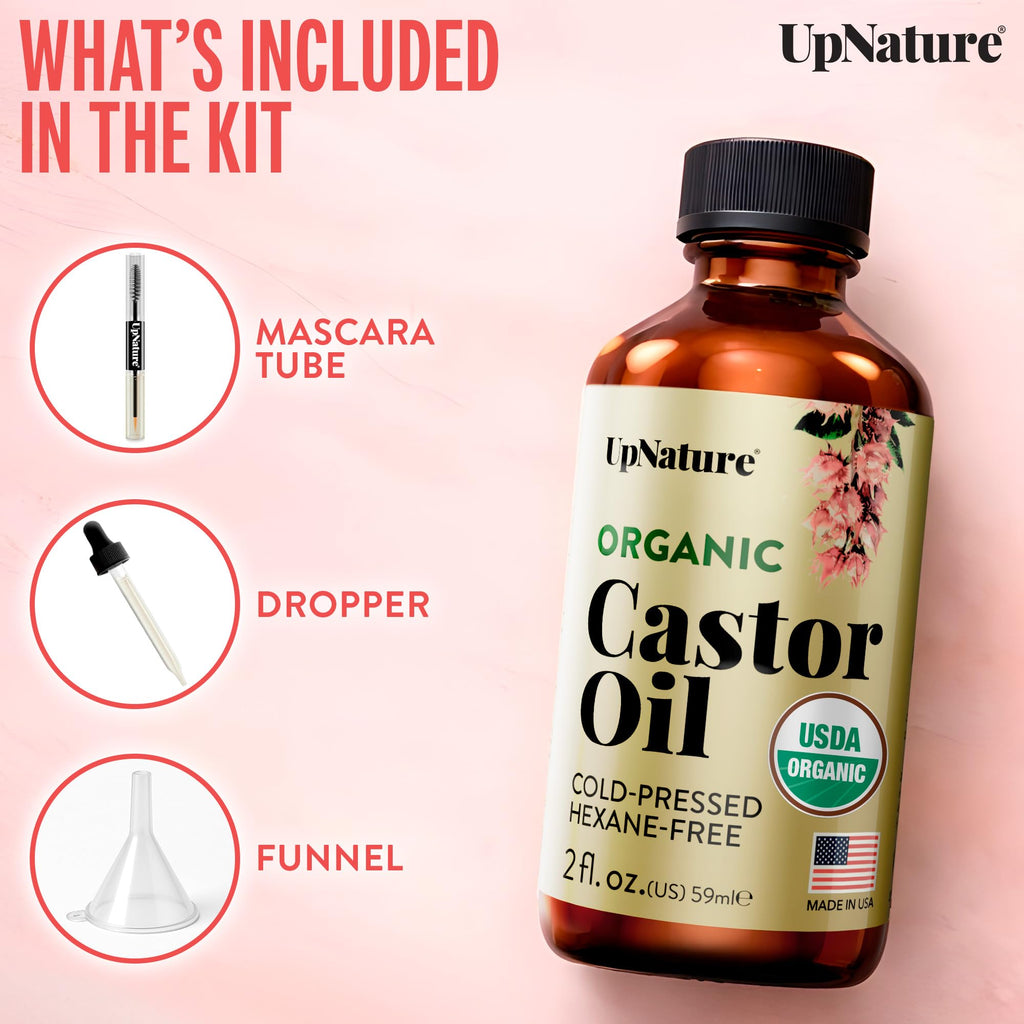 UpNature Organic Castor Oil Cold Pressed Glass Bottle 16oz - 100% Pure USDA Certified, Hexane Free - For Face, Hair & Skin