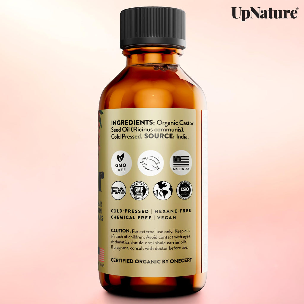 UpNature Organic Castor Oil Cold Pressed Glass Bottle 16oz - 100% Pure USDA Certified, Hexane Free - For Face, Hair & Skin