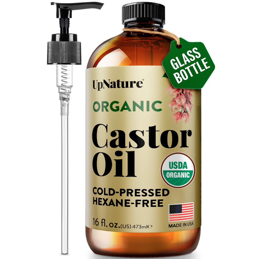 UpNature Organic Castor Oil Cold Pressed Glass Bottle 16oz - 100% Pure USDA Certified, Hexane Free - For Face, Hair & Skin