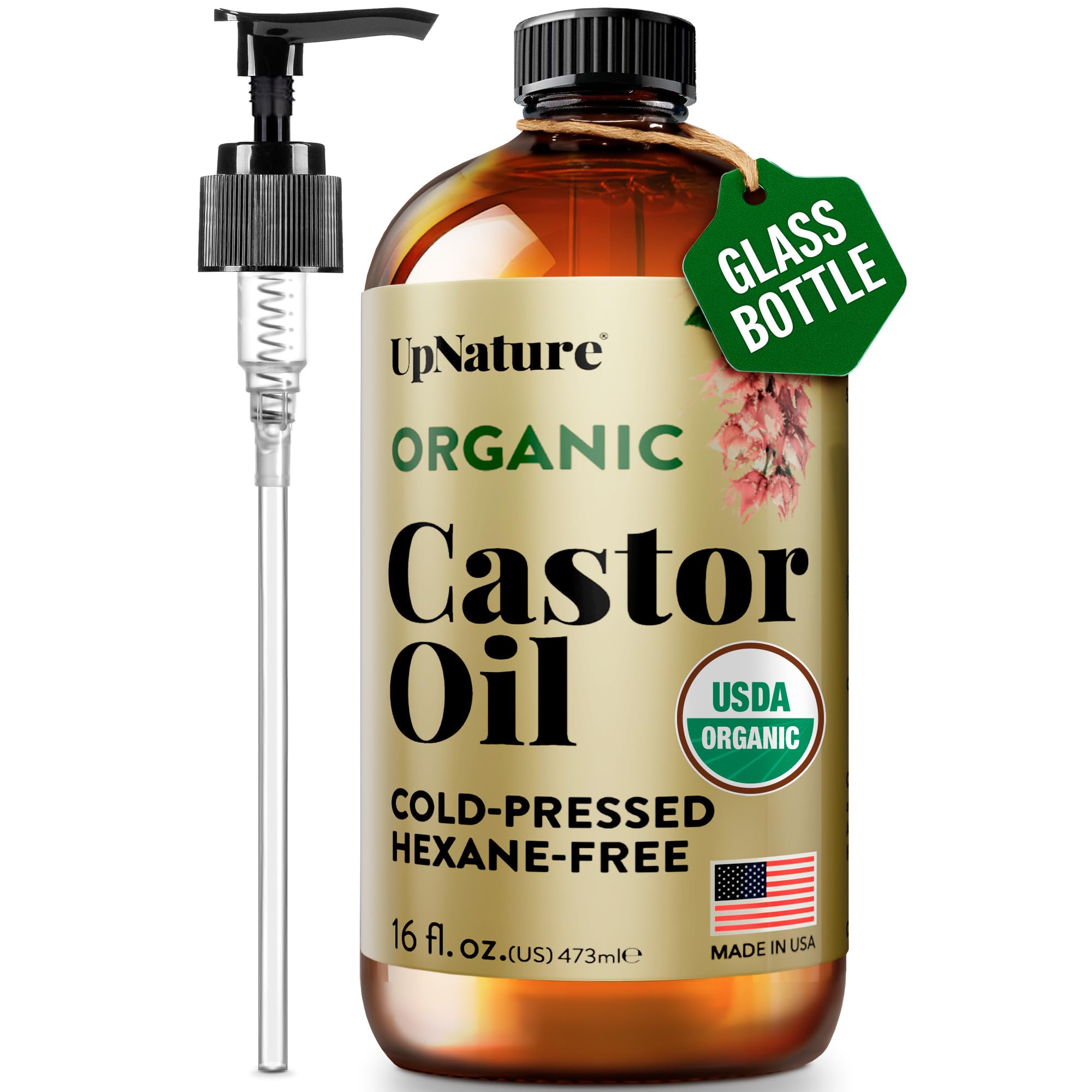 UpNature Organic Castor Oil Cold Pressed Glass Bottle 16oz - 100% Pure USDA Certified, Hexane Free - For Face, Hair & Skin