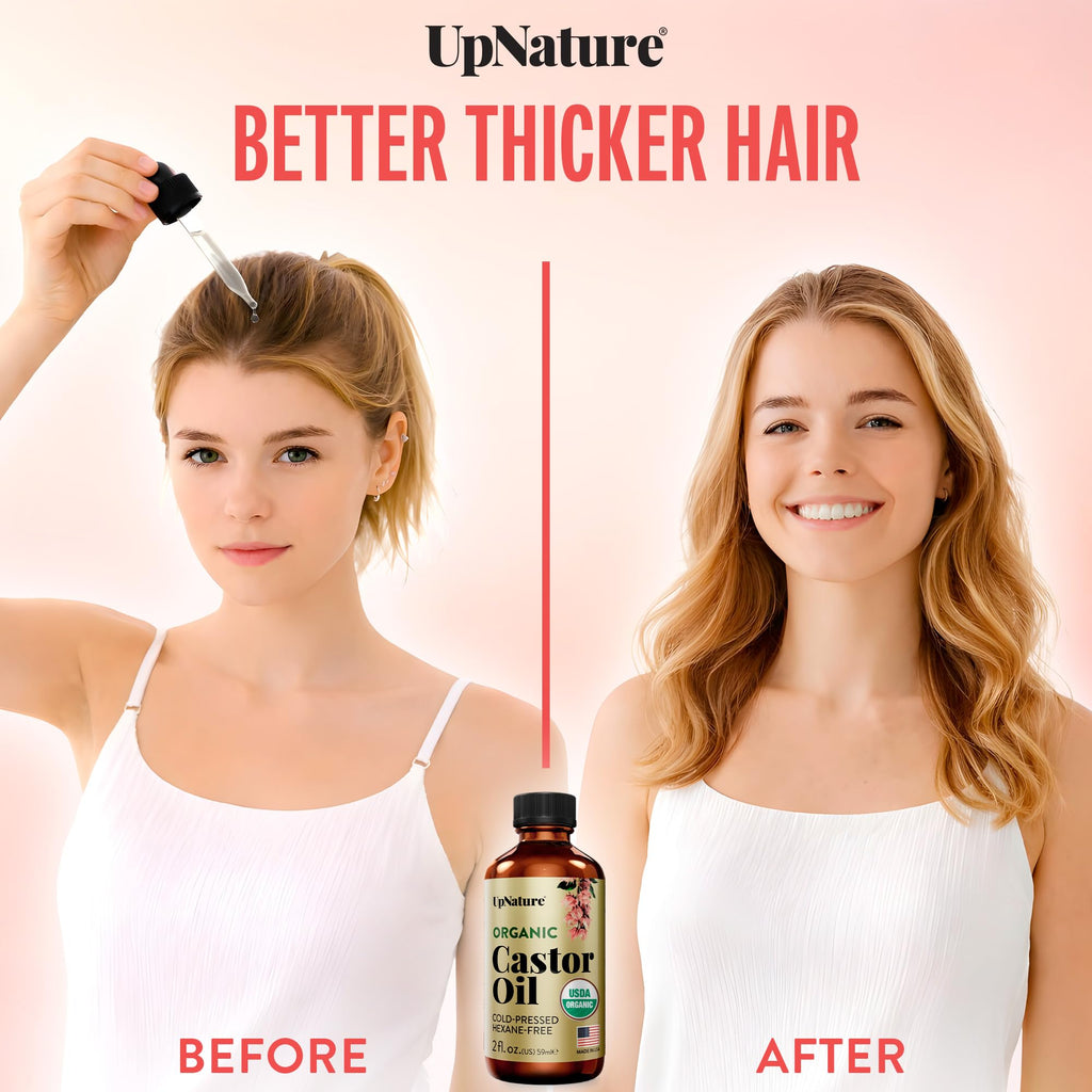 UpNature Organic Castor Oil Cold Pressed Glass Bottle 16oz - 100% Pure USDA Certified, Hexane Free - For Face, Hair & Skin