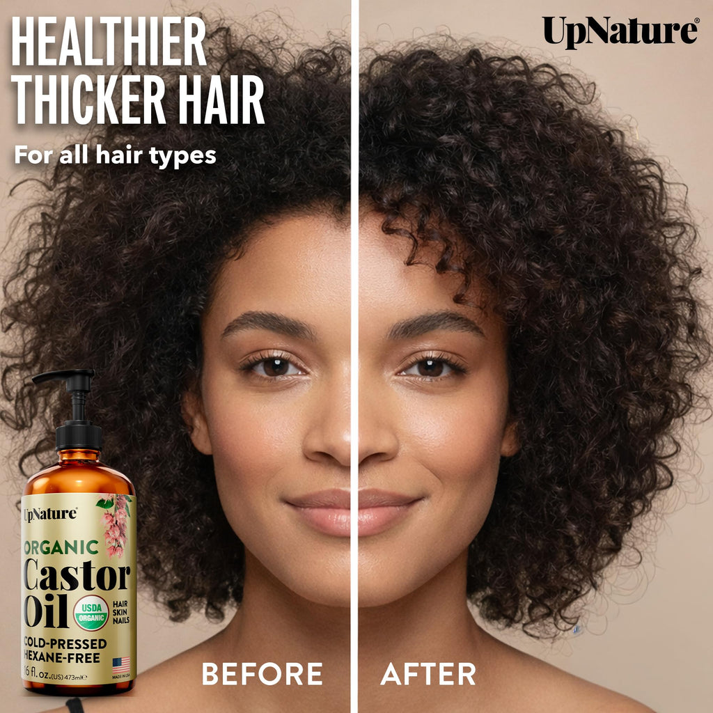 UpNature Organic Castor Oil Cold Pressed Glass Bottle 16oz - 100% Pure USDA Certified, Hexane Free - For Face, Hair & Skin