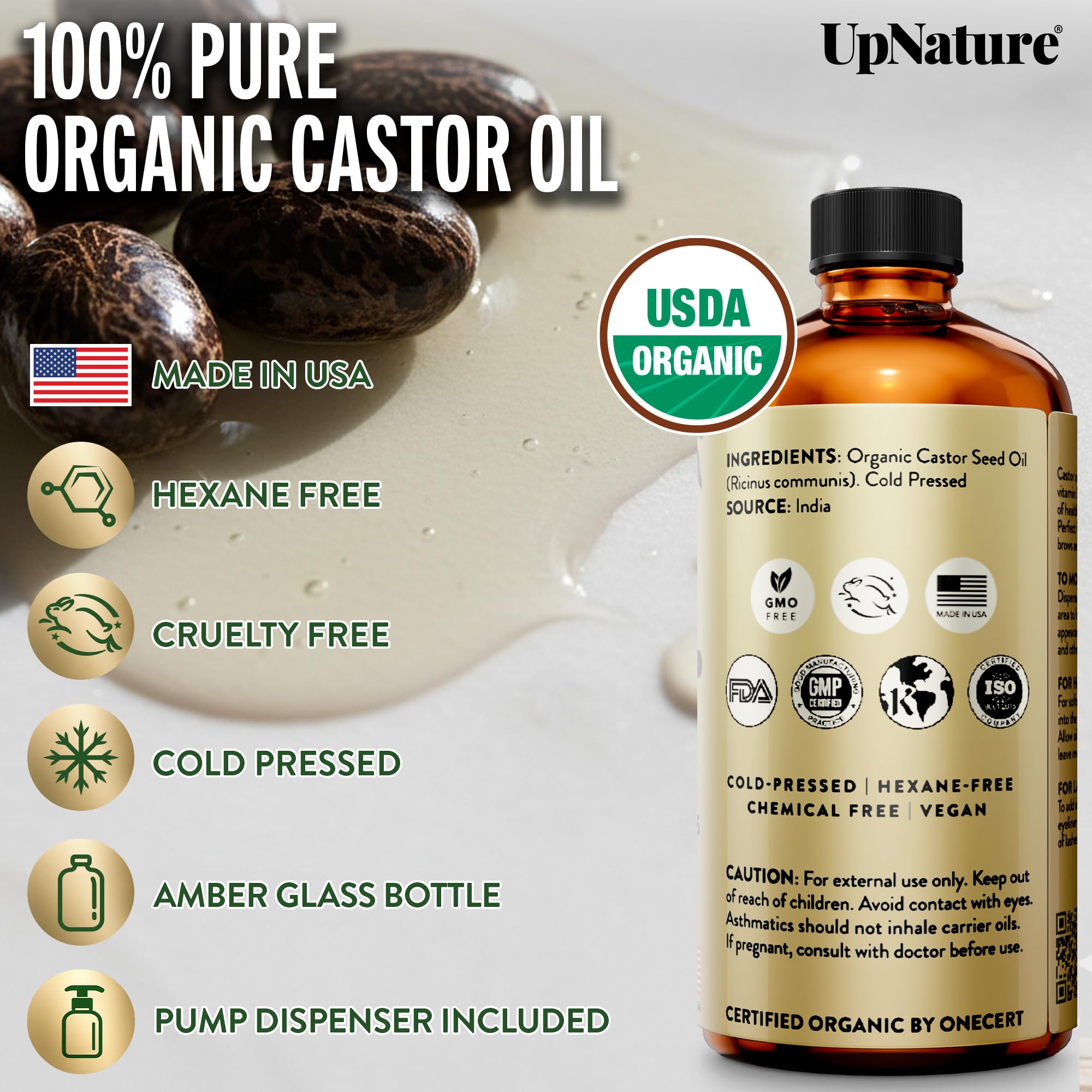 UpNature Organic Castor Oil Cold Pressed Glass Bottle 16oz - 100% Pure USDA Certified, Hexane Free - For Face, Hair & Skin