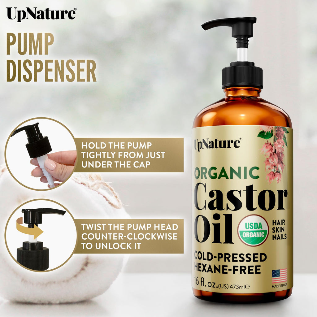 UpNature Organic Castor Oil Cold Pressed Glass Bottle 16oz - 100% Pure USDA Certified, Hexane Free - For Face, Hair & Skin
